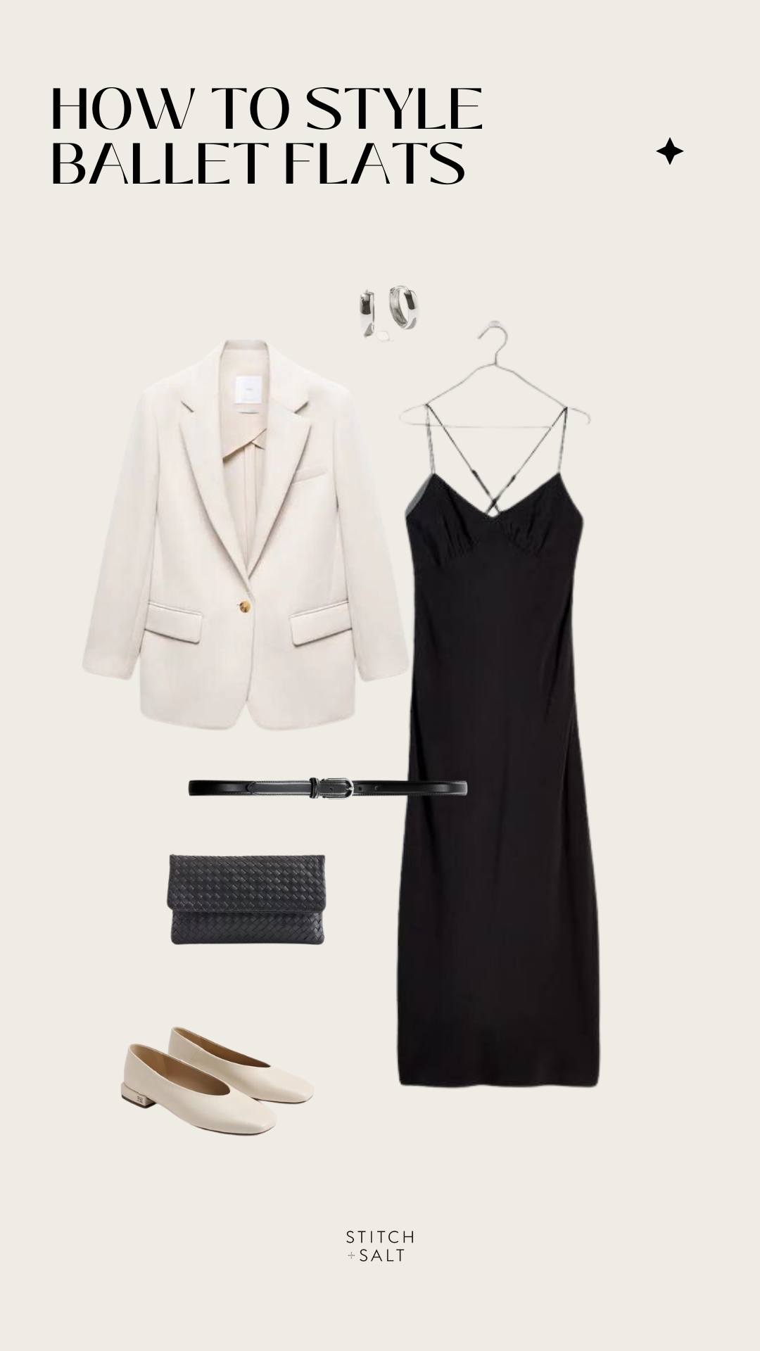 fall date night outfit idea with a black slip dress, ivory blazer, black skinny belt, woven black clutch, and ivory ballet flats