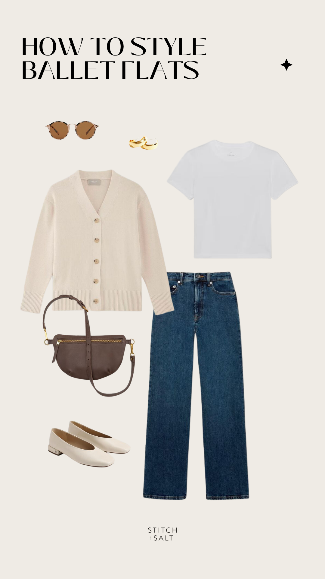 casual fall look with a white tee, cream colored cardigan, dark wash wide leg jeans, ivory ballet flats, and a chocolate brown sling bag