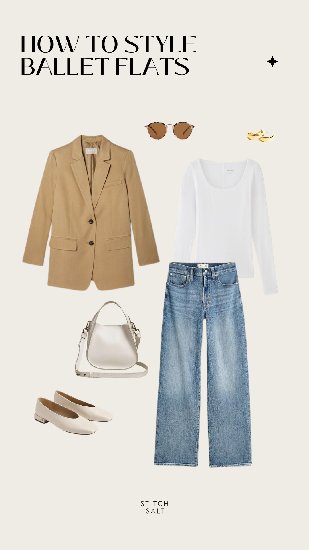 ballet flats outfit idea with a white long sleeved tee, camel blazer, cropped wide leg jeans, and ivory ballet flats
