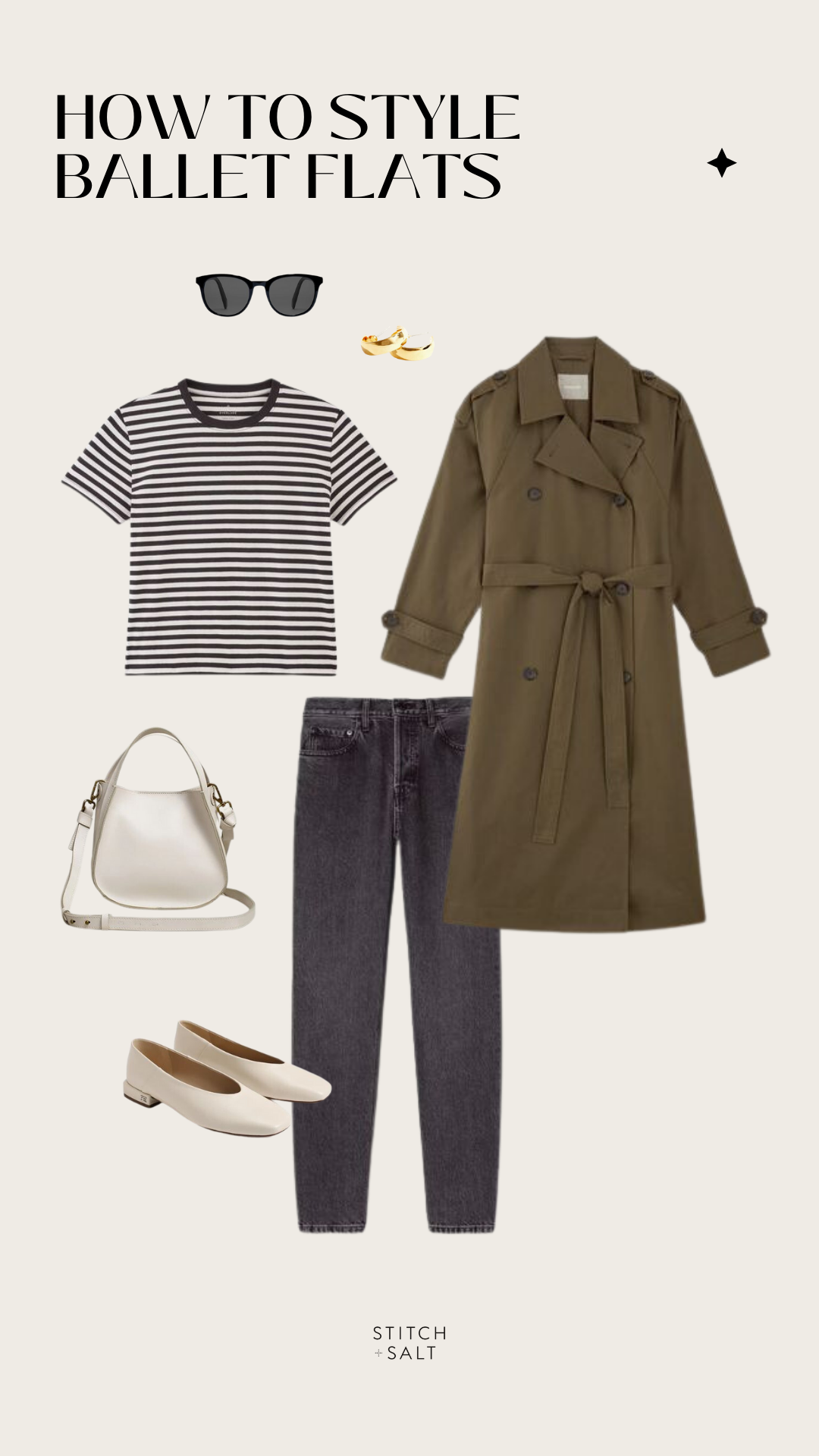 minimal outfit idea with a striped tee, green trench coat, washed black denim, ivory ballet flats, and a beige handbag