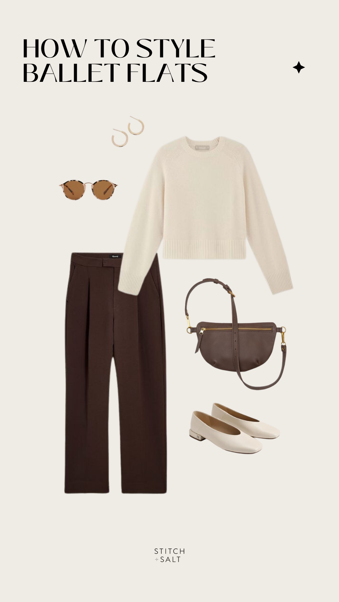 minimal outfit idea with a cropped cream colored cardigan, chocolate brown pleated pants, ivory ballet flats, and a brown sling bag