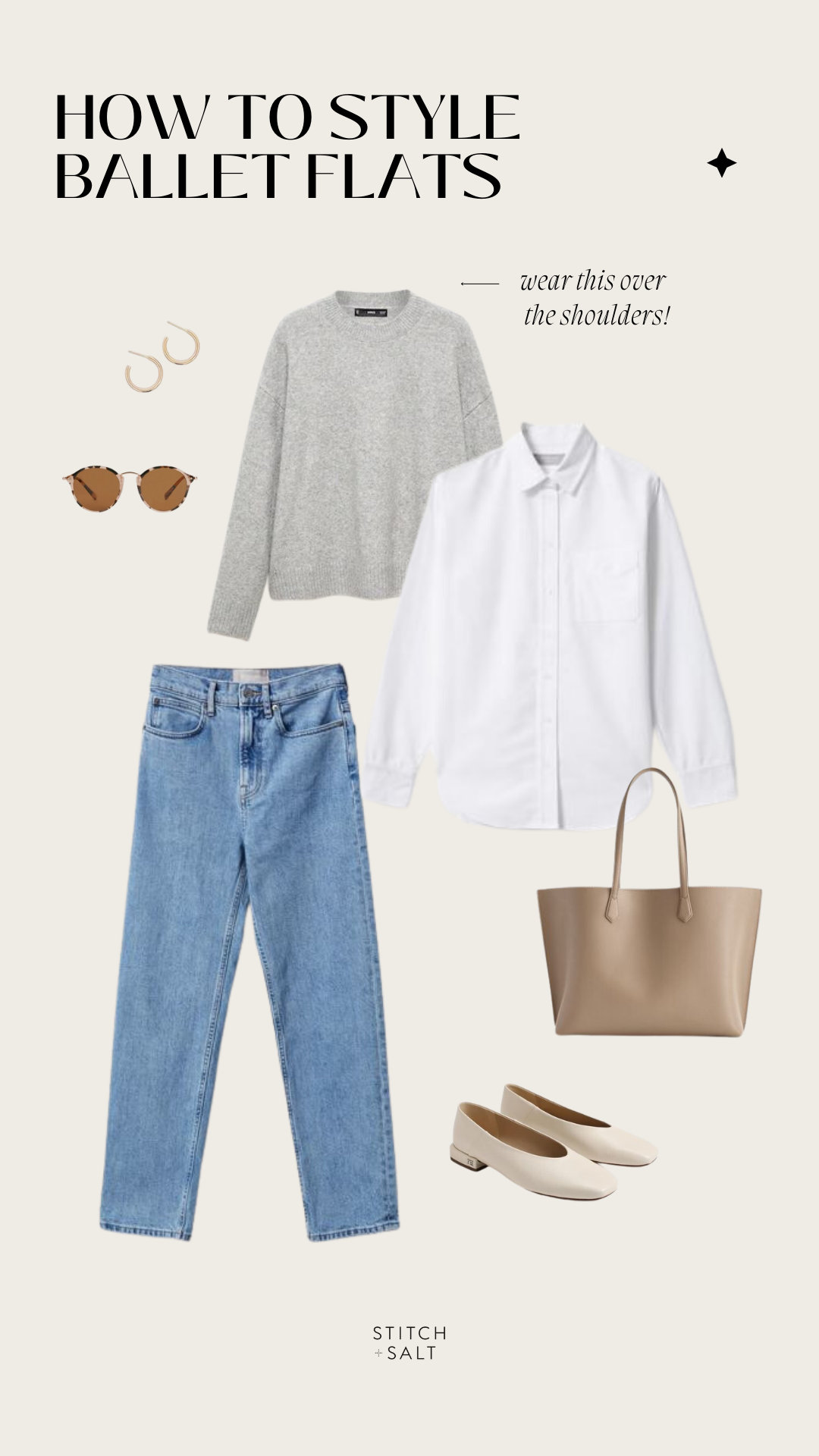 ballet flats outfit idea with a white button down, gray sweater, light wash straight jeans, ivory ballet flats, and a taupe tote bag