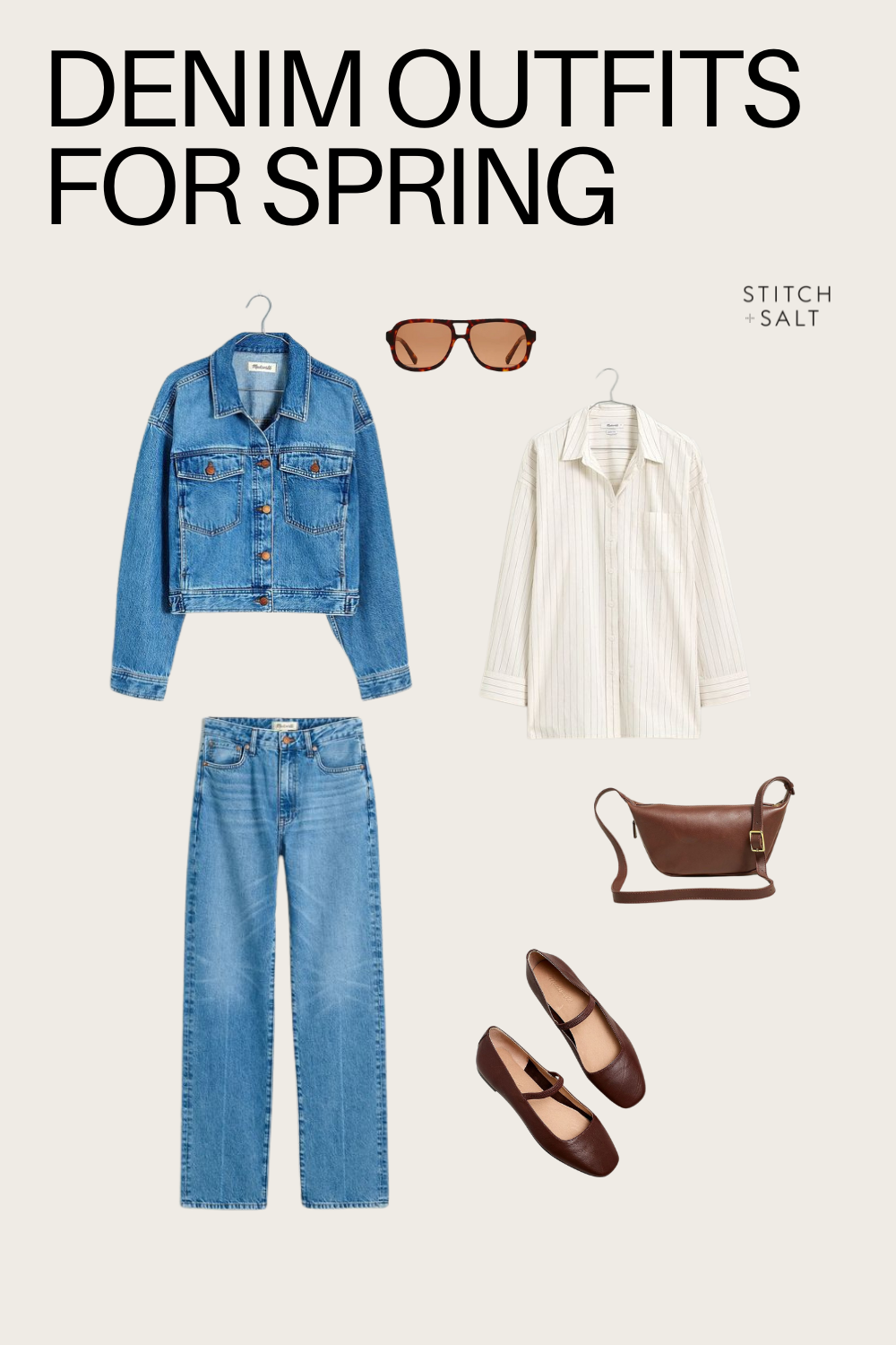 denim outfit for spring with a black/white striped button down, straight medium wash jeans, a medium wash cropped denim jacket, brown leather ballet flats, and a brown leather sling bag