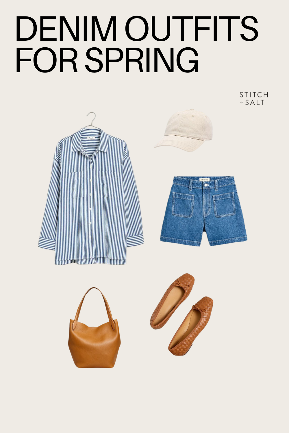 denim outfit idea for spring with a blue and white striped button down, medium wash denim shorts with sailor style pockets, cognac woven ballet flats, and a cognac leather tote bag and beige baseball cap