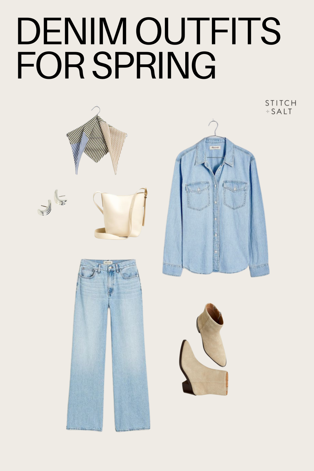 denim on denim outfit for spring with a denim button down shirts, light wash wide leg jeans, beige heeled ankle boots, a cream colored crossbody bag, silver earrings, and a striped scarf