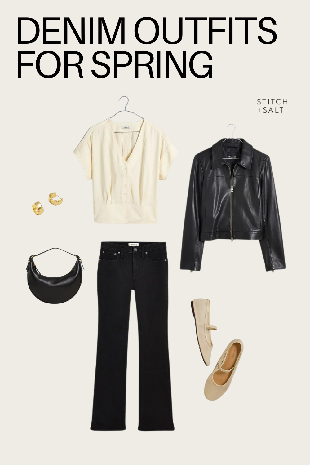 a denim date night outfit with a cream colored blouse, leather jacket, black kick out denim, mesh ballet flats, and a black leather shoulder bag