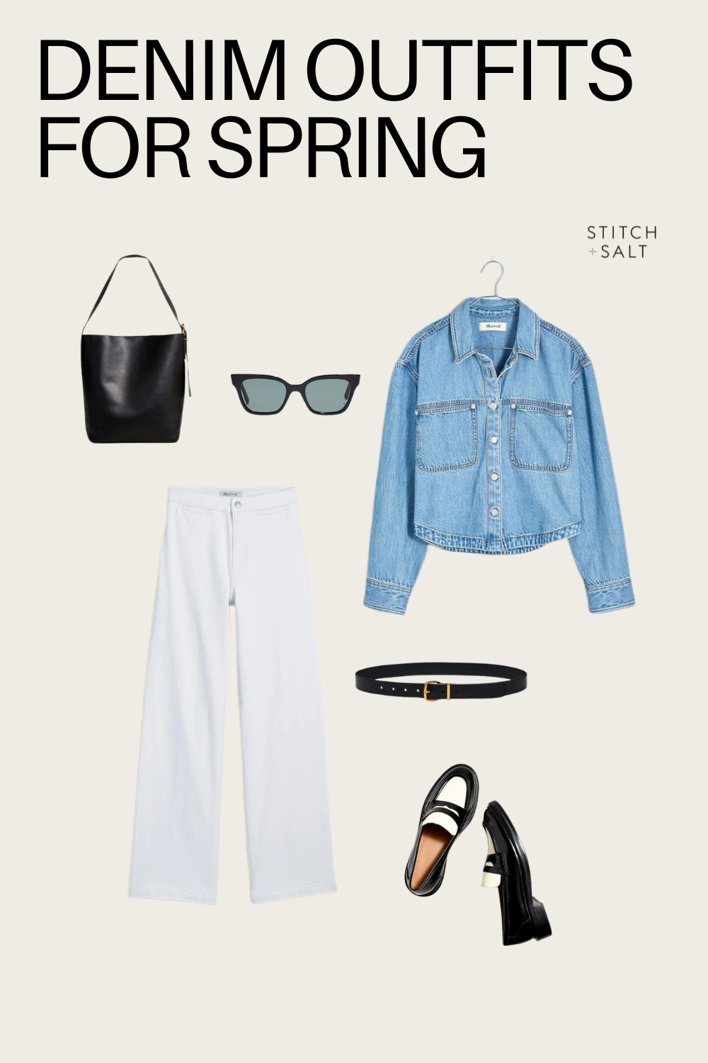 white denim outfit for spring with a blue cropped denim button button down, white wide leg jeans, black and white loafers, a black leather belt, and black tote bag