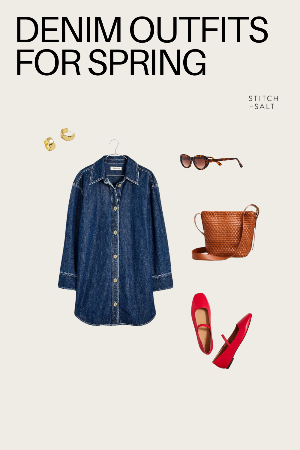 denim dress outfit with a dark wash denim shirt dress, cherry red mary jane ballet flats, a cognac woven bag, chunky gold hoops, and tortoiseshell cat eye sunglasses