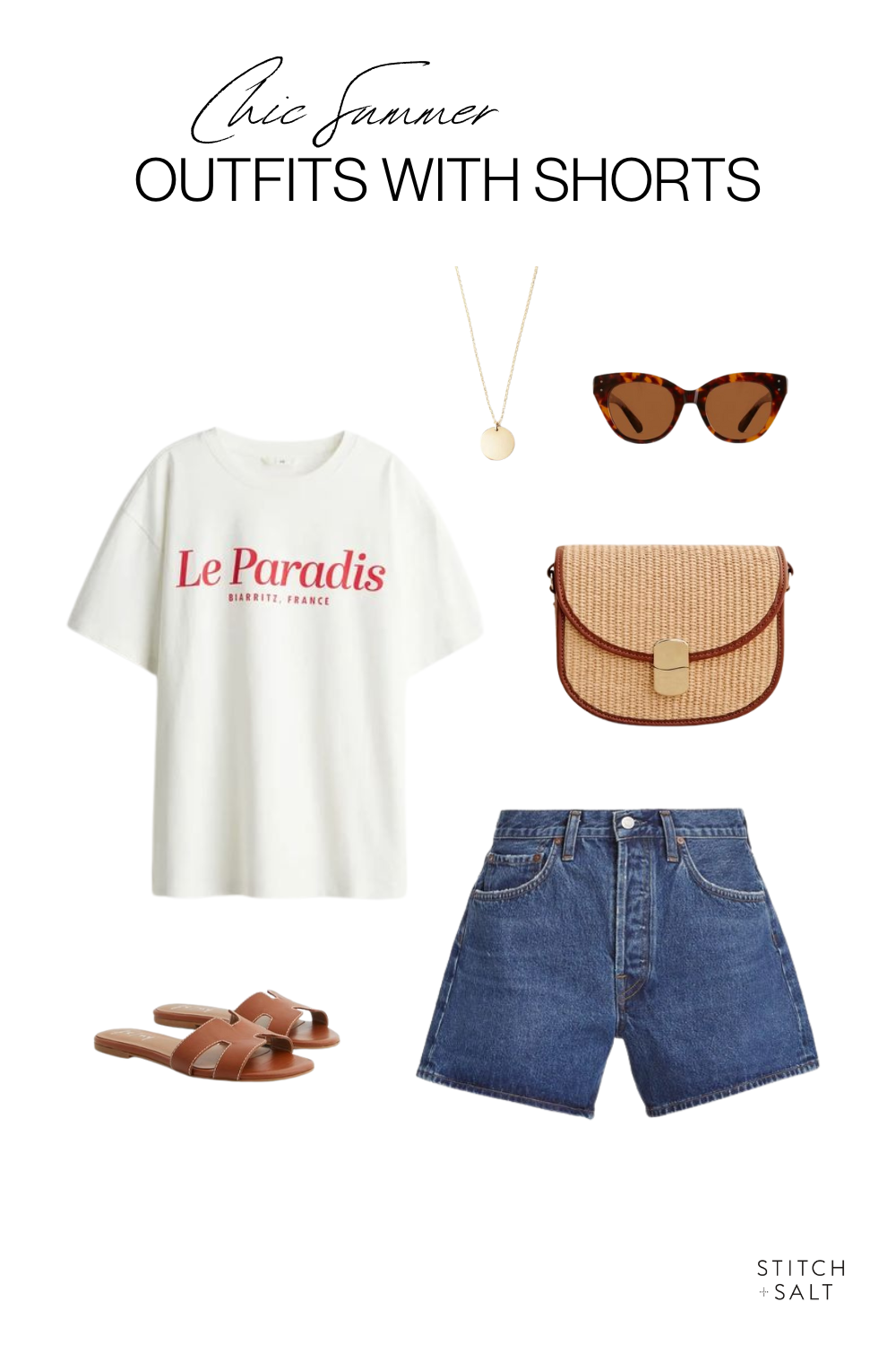 summer outfit with shorts with a white graphic tee, dark wash denim shorts, cognac leather slide sandals, a woven crossbody bag, tortoiseshell sunglasses and a coin necklace