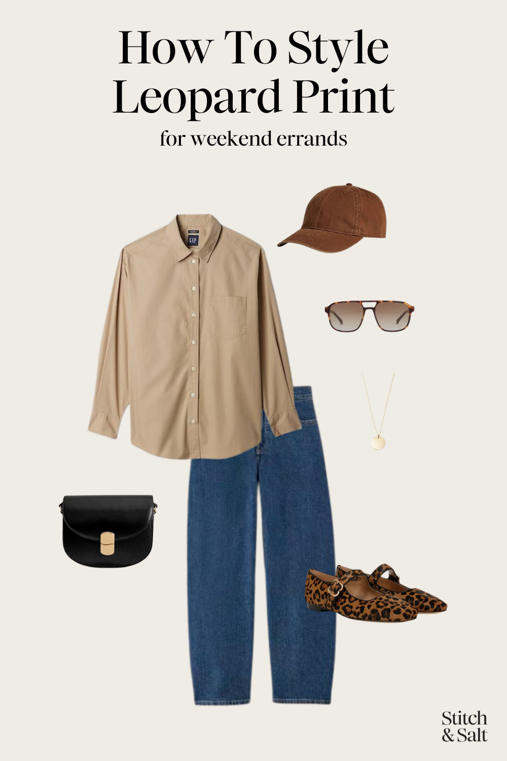 leopard print outfit with a tan button down, barrel jeans, leopard print ballet flats, a black crossbody bag
