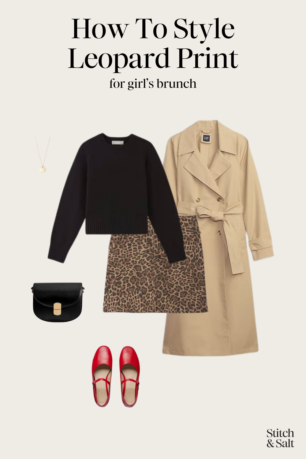 leopard print outfit with a leopard print mini skirt, black sweater, tan trench coat, red Mary Jane ballet flats, and a black crossbody bag