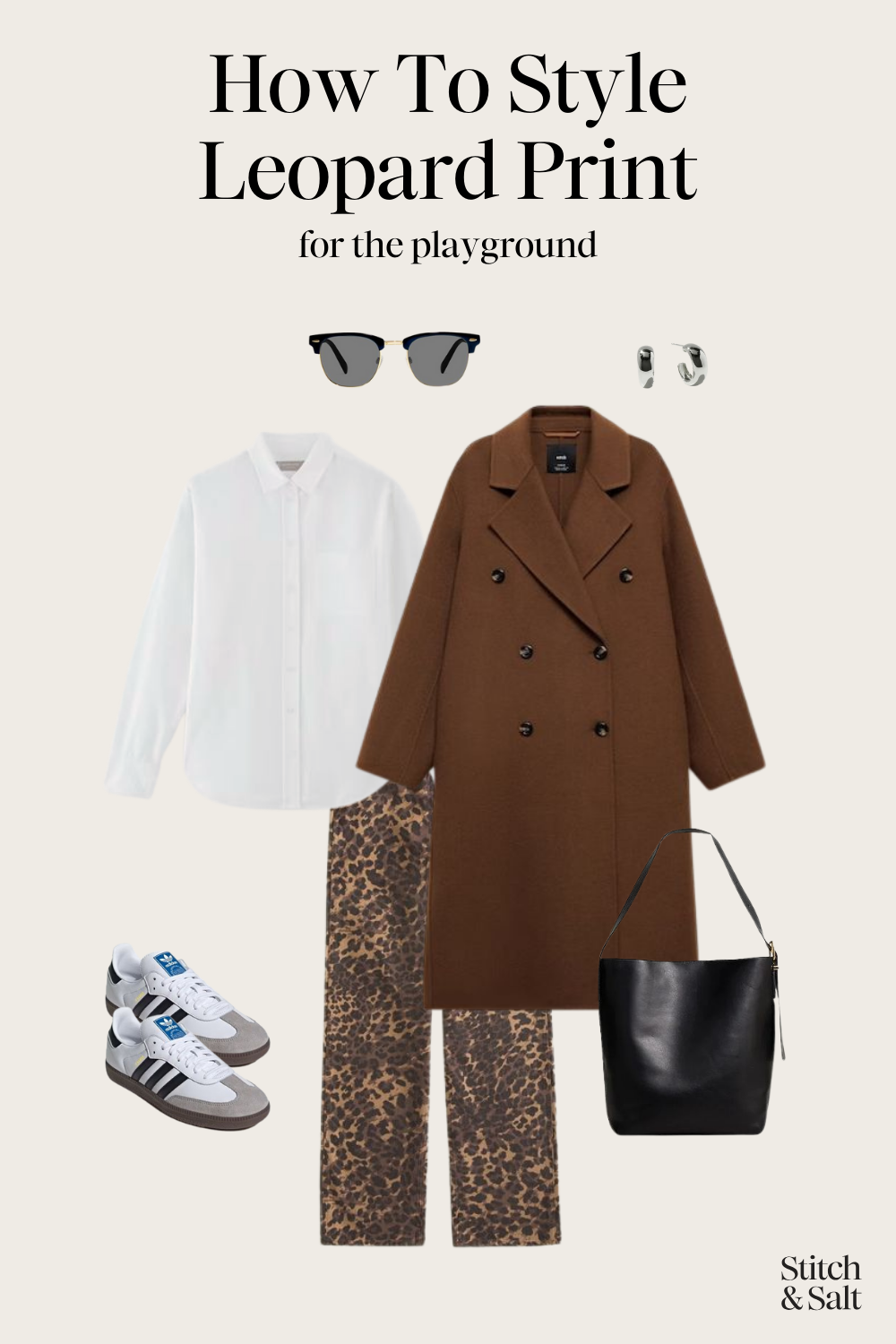 leopard print outfit with a white button down, brown wool coat, leopard print jeans, white Adidas Sambas, and a black tote bag