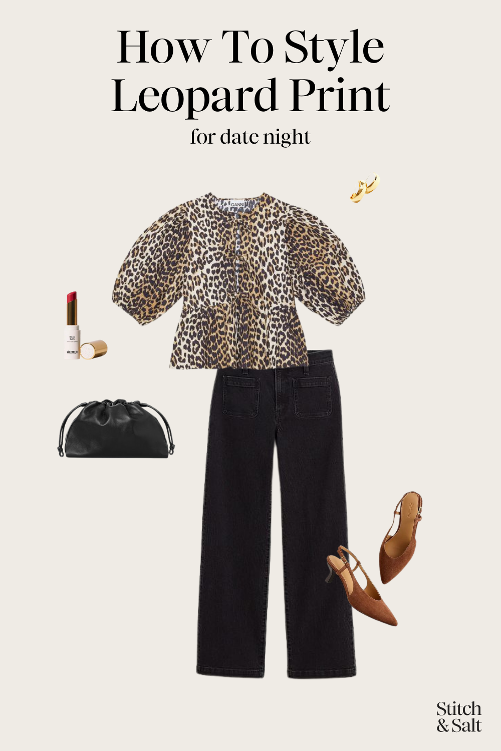 how to style leopard print for date night with a leopard print blouse, black jeans, brown slingback heels, and a black clutch bag