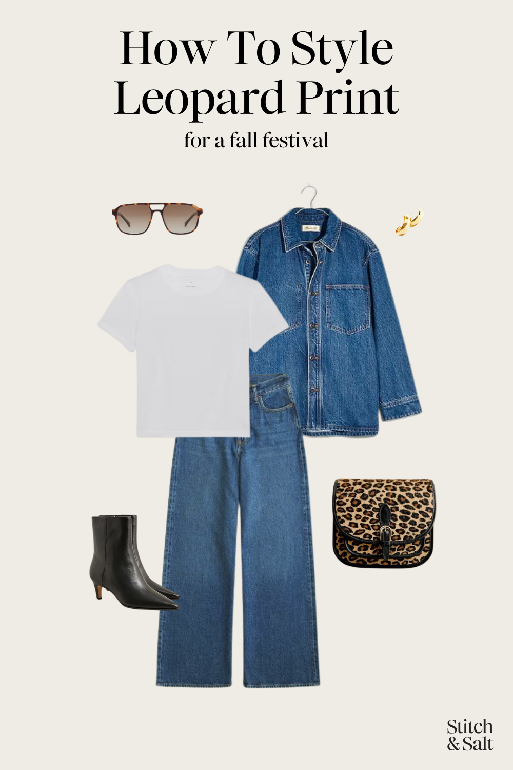 how to style a leopard print with a white tee, denim jacket, wide leg jeans, black boots, and a leopard print crossbody bag