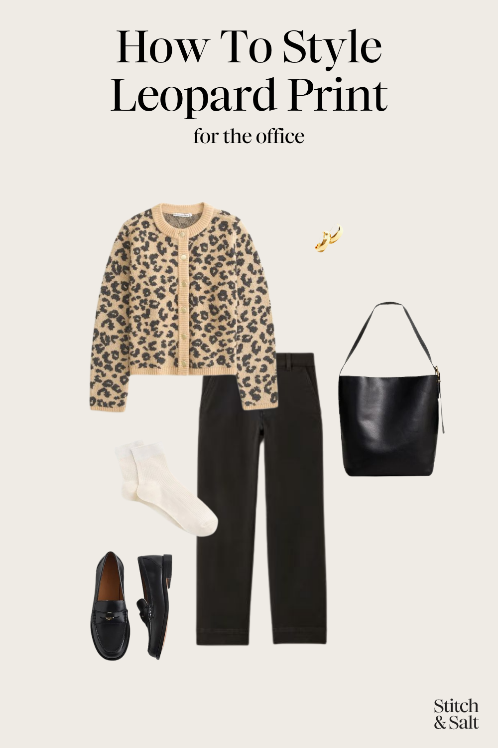 leopard print outfit with a leopard print cardigan sweater, black pants, loafers, and black tote bag