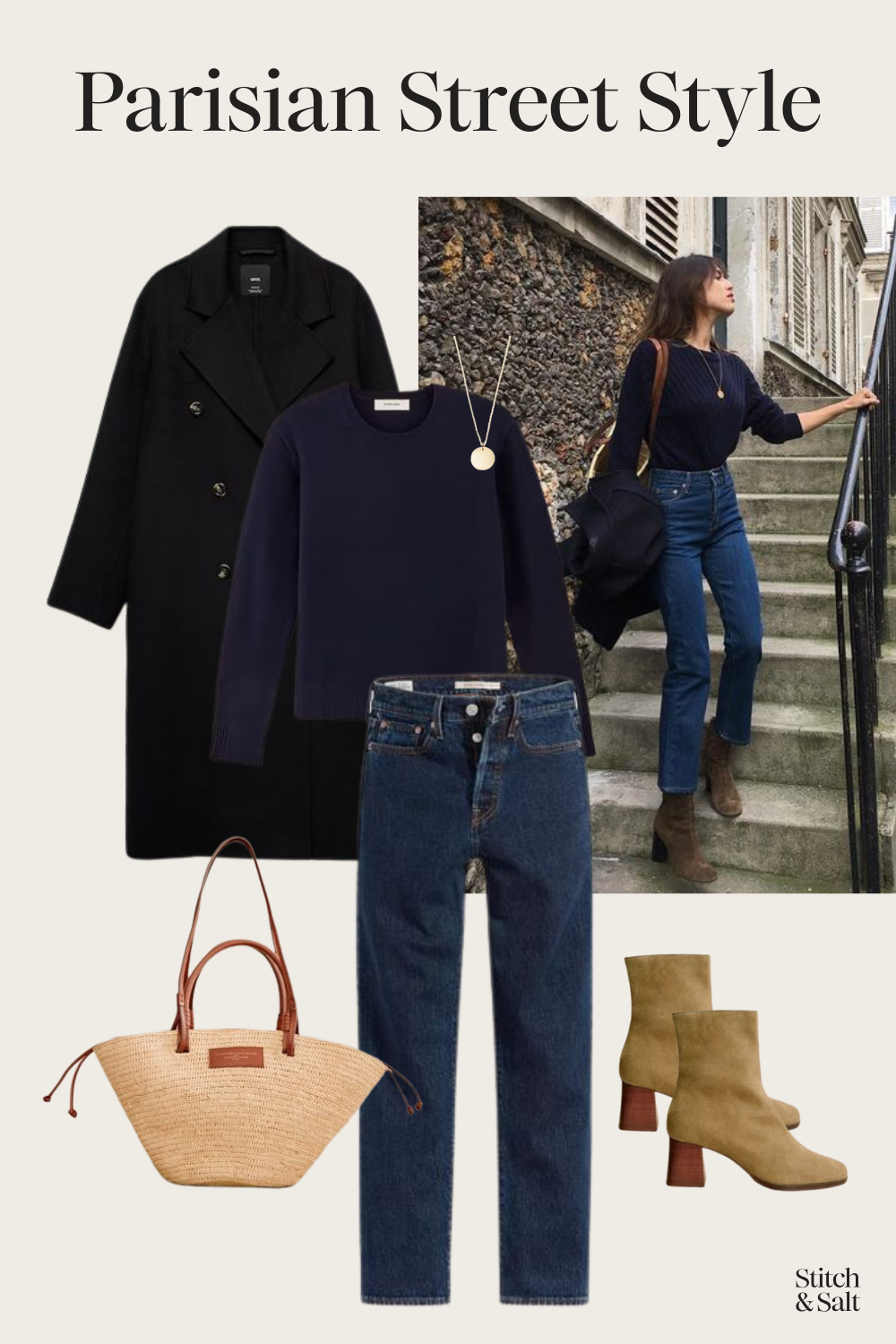 parisian street style outfit from Jeanne Damas with a navy sweater, dark wash jeans, and taupe ankle boots