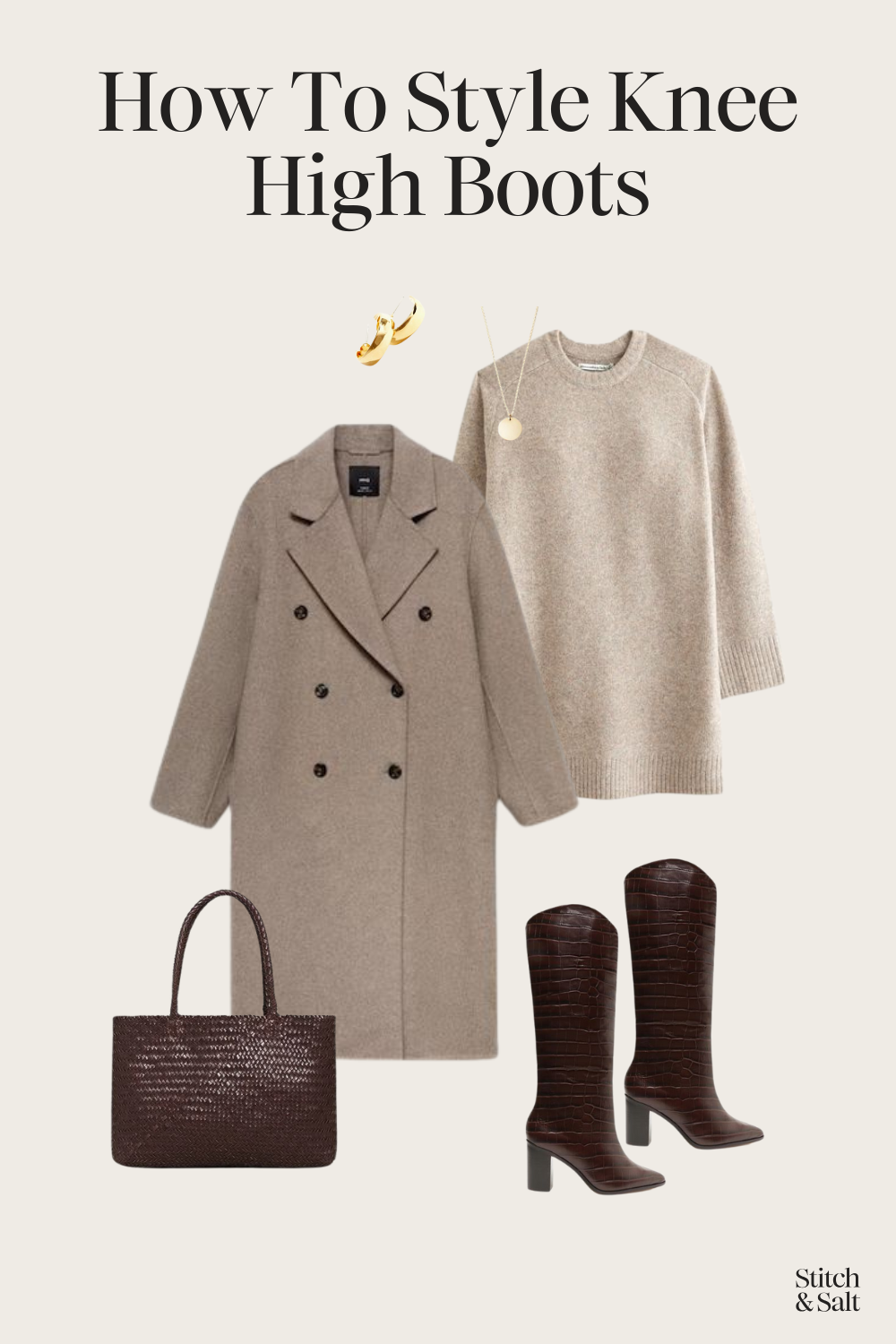 knee high boots outfit with a mini sweater dress, taupe wool coat, brown knee high boots, and a brown tote bag