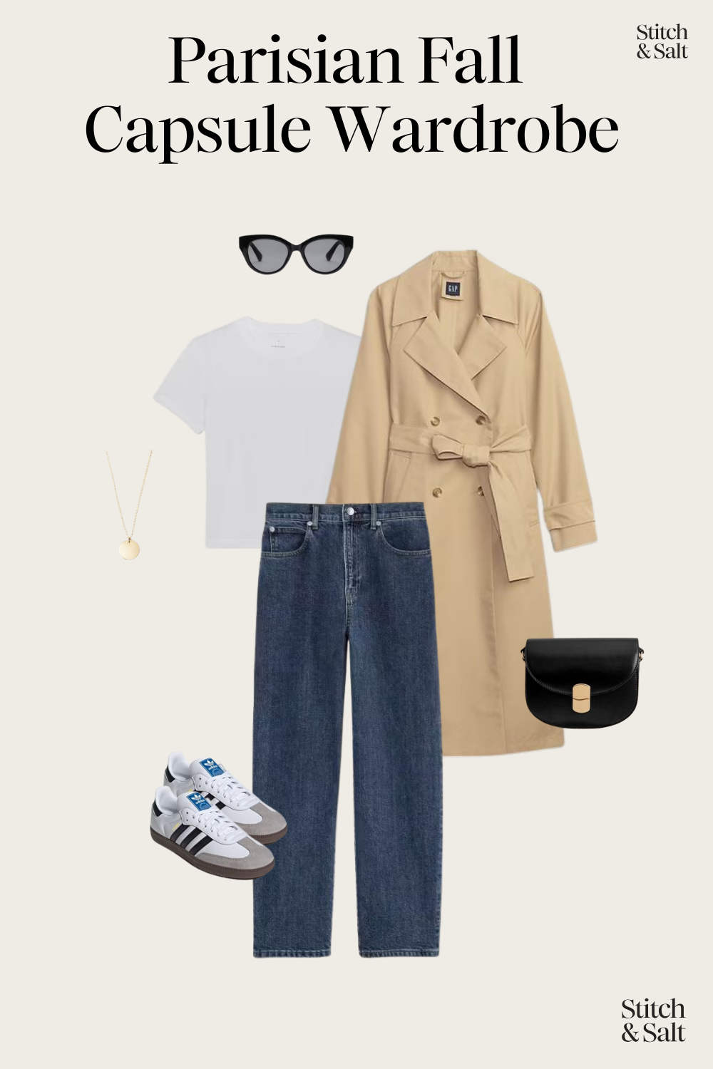 Parisian fall outfit with a white tee, tan trench coat, straight leg jeans, white Adidas Samba sneakers, and a black crossbody bag