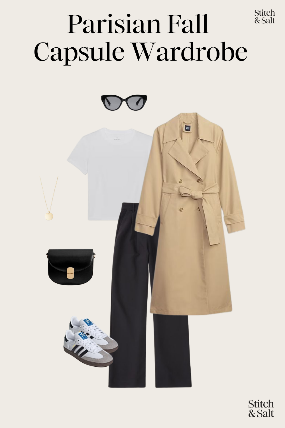 casual chic Parisian fall outfit with a white tee, tan trench coat, black wide leg trousers, white Adidas Samba sneakers, and a black crossbody bag