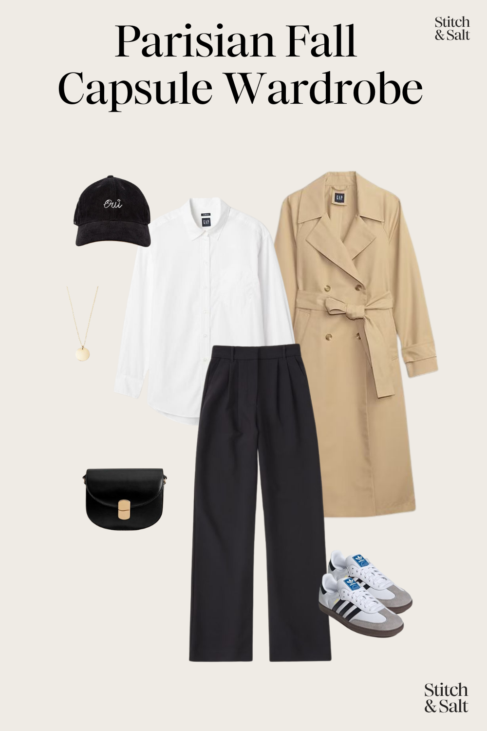 Parisian fall outfit with a white button down, trench coat, black wide leg trousers, white Adidas Samba sneakers, black baseball cap, and black leather crossbody bag