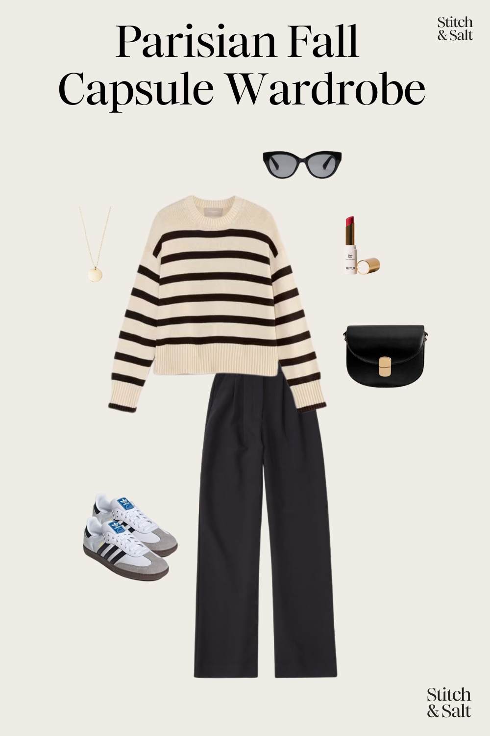 Parisian fall outfit with a striped sweater, black wide leg trousers, and Adidas Samba sneakers