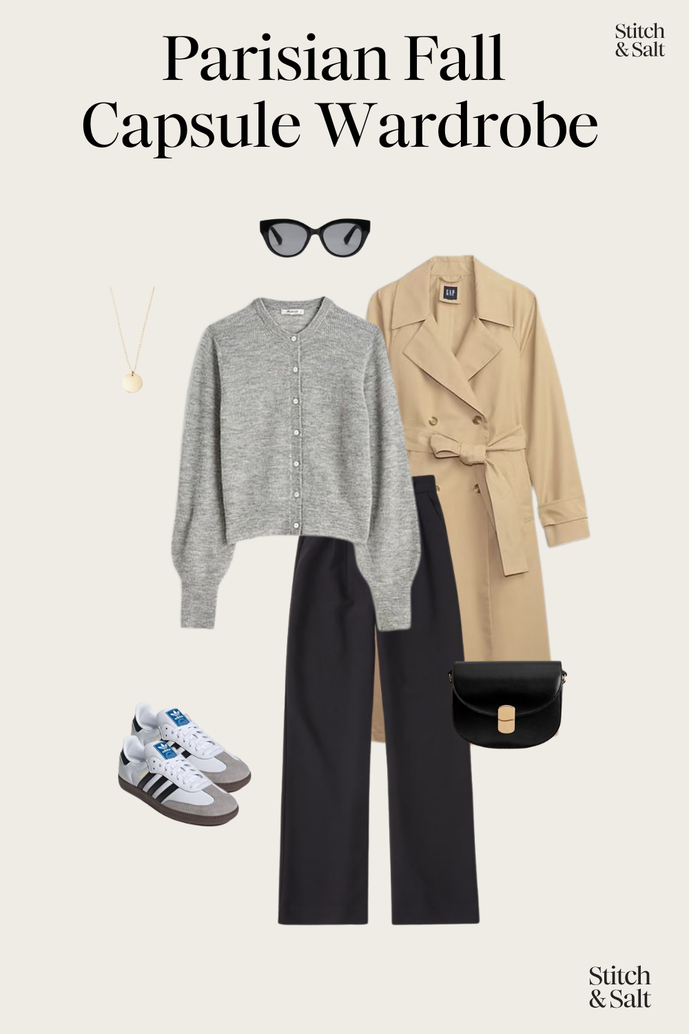 Parisian fall outfit with a gray cardigan sweater, trench coat, black wide leg trousers, and Adidas Samba sneakers