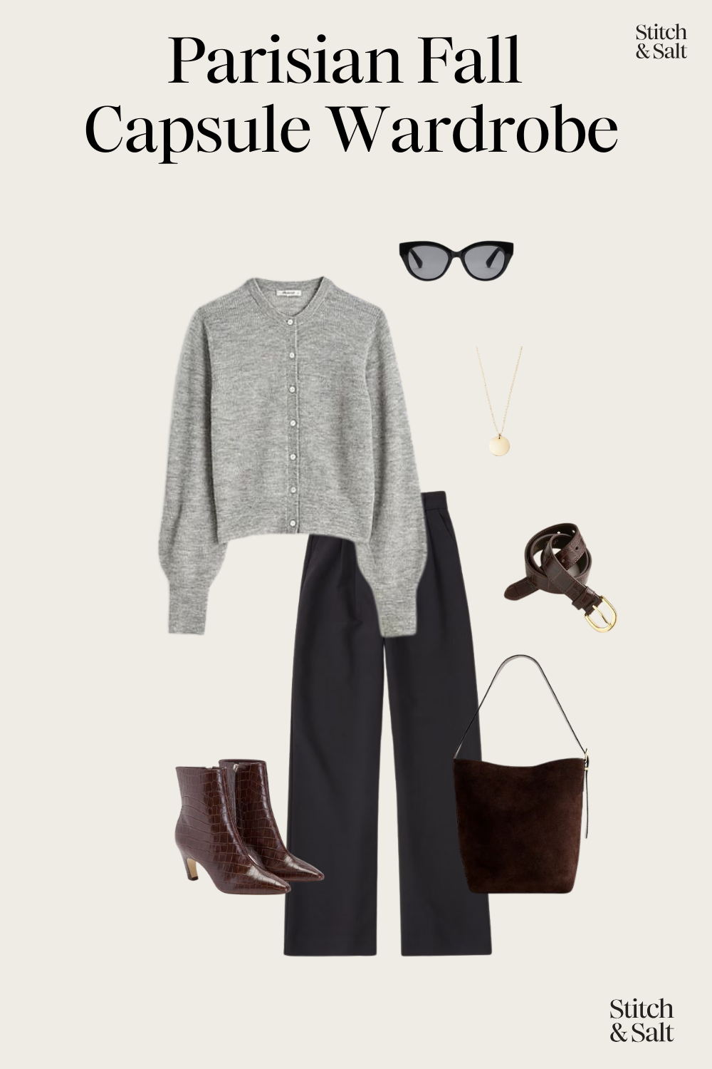 Parisian fall outfit idea with a gray cardigan sweater, black wide leg trousers, brown heeled ankle boots, brown belt, brown suede bucket bag, and black cat eye sunglasses