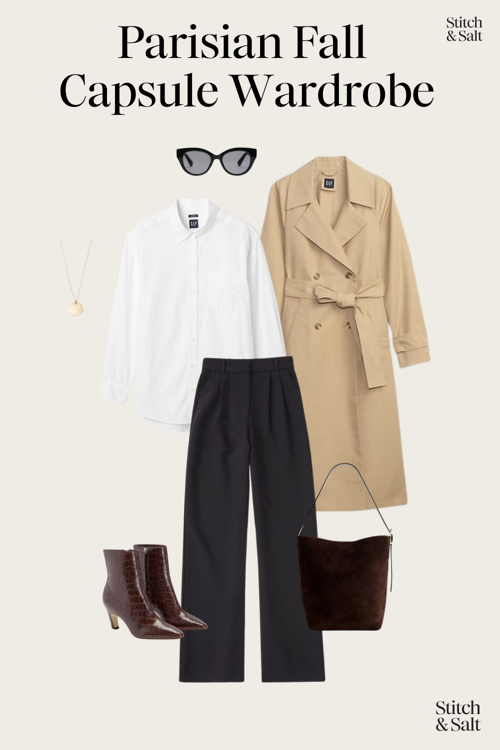 Parisian capsule wardrobe outfit for fall with a white button down, trench coat, black wide leg trousers, brown heeled ankle boots, and a brown suede bucket bag