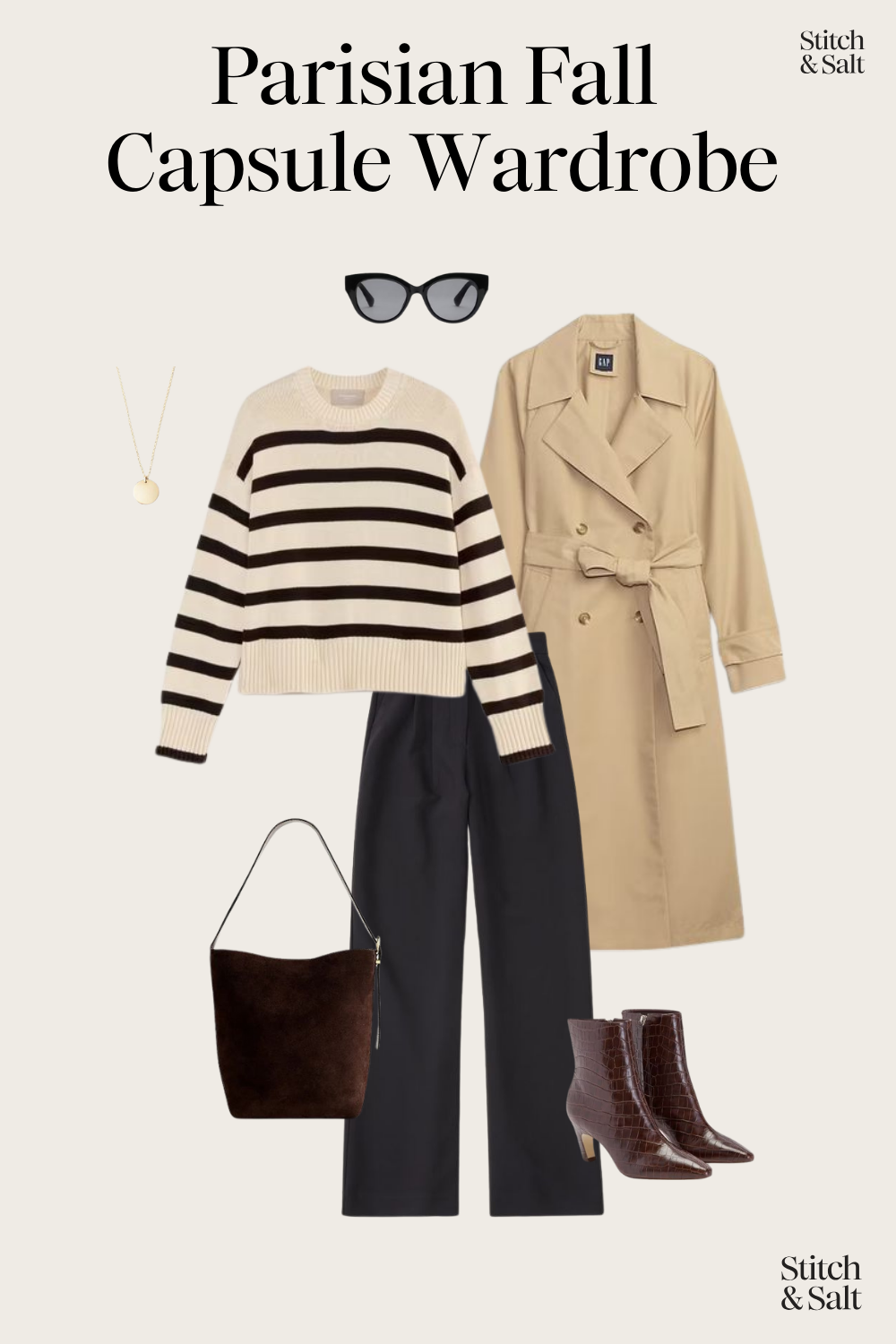 Parisian fall outfit with a striped sweater, trench coat, black trousers, brown heeled ankle boots, and a bucket bag