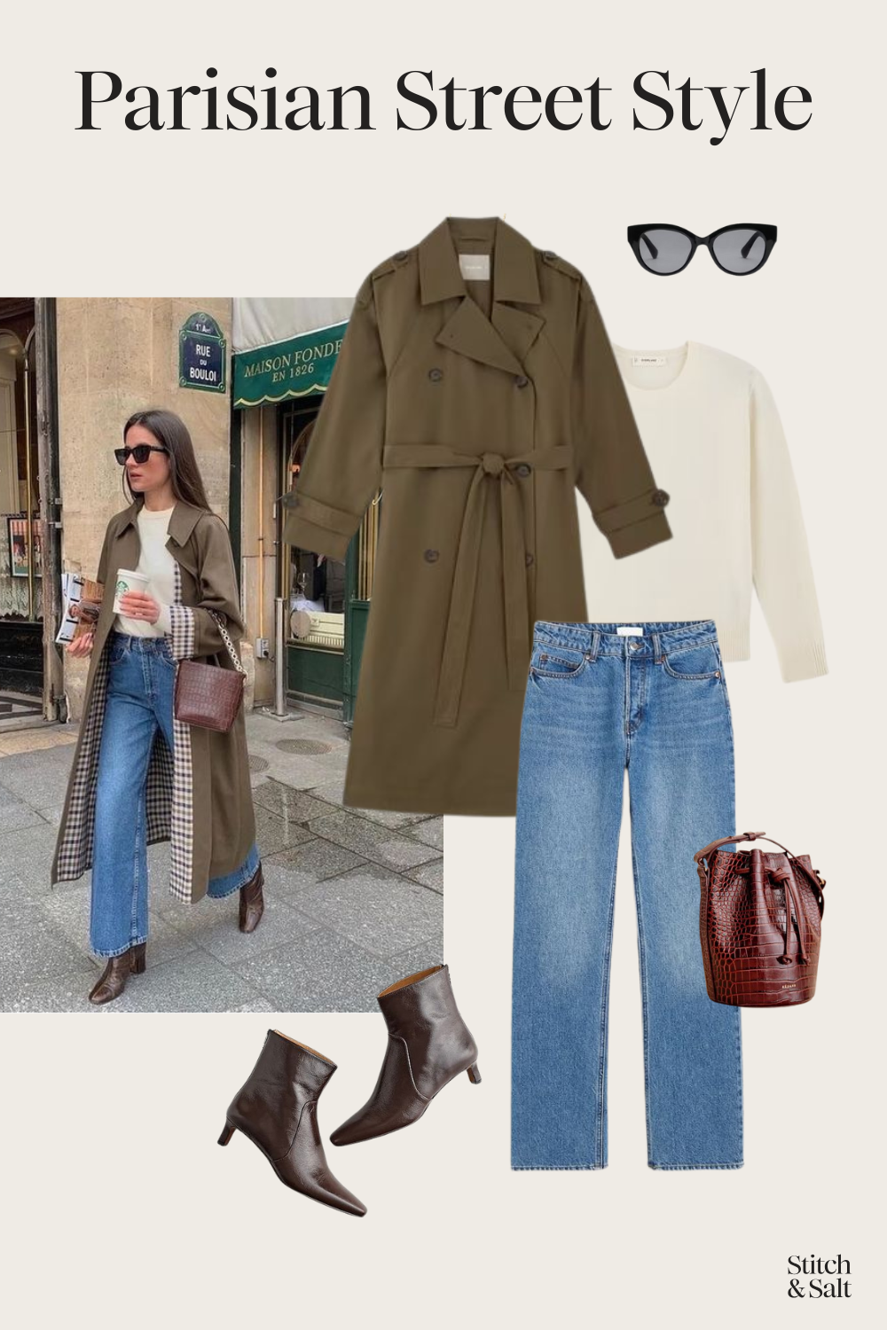 Parisian street style fall outfit with a cream sweater, green trench coat, jeans, brown ankle boots, and a bucket bag