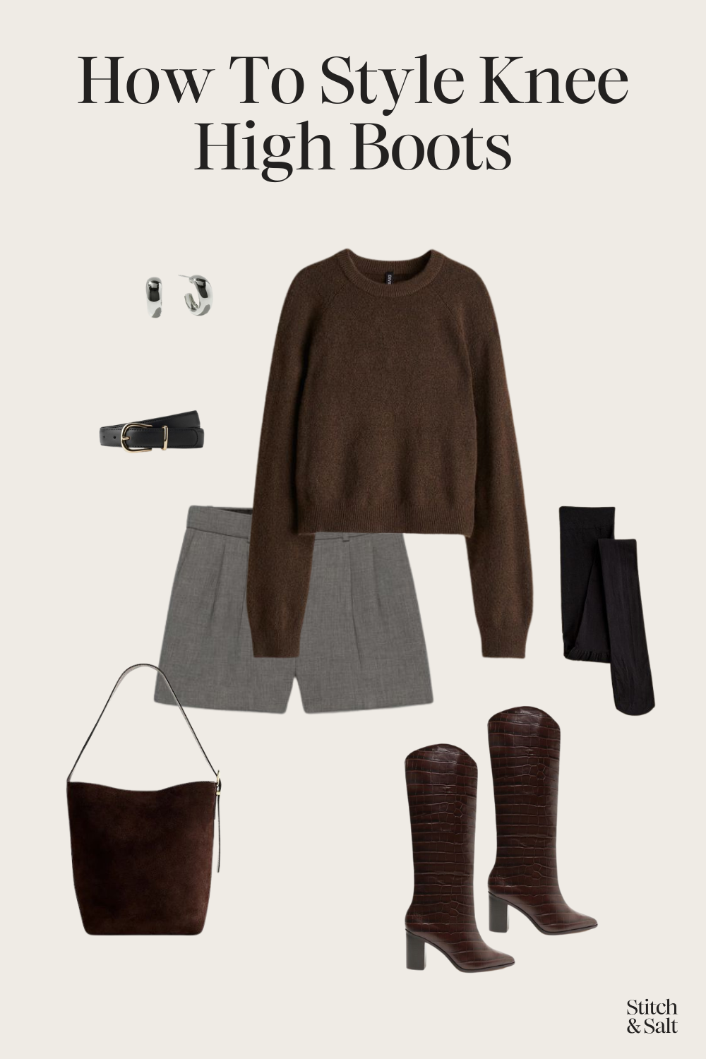 how to style knee high boots with a brown sweater, gray trouser shorts, tights, belt, and suede bag