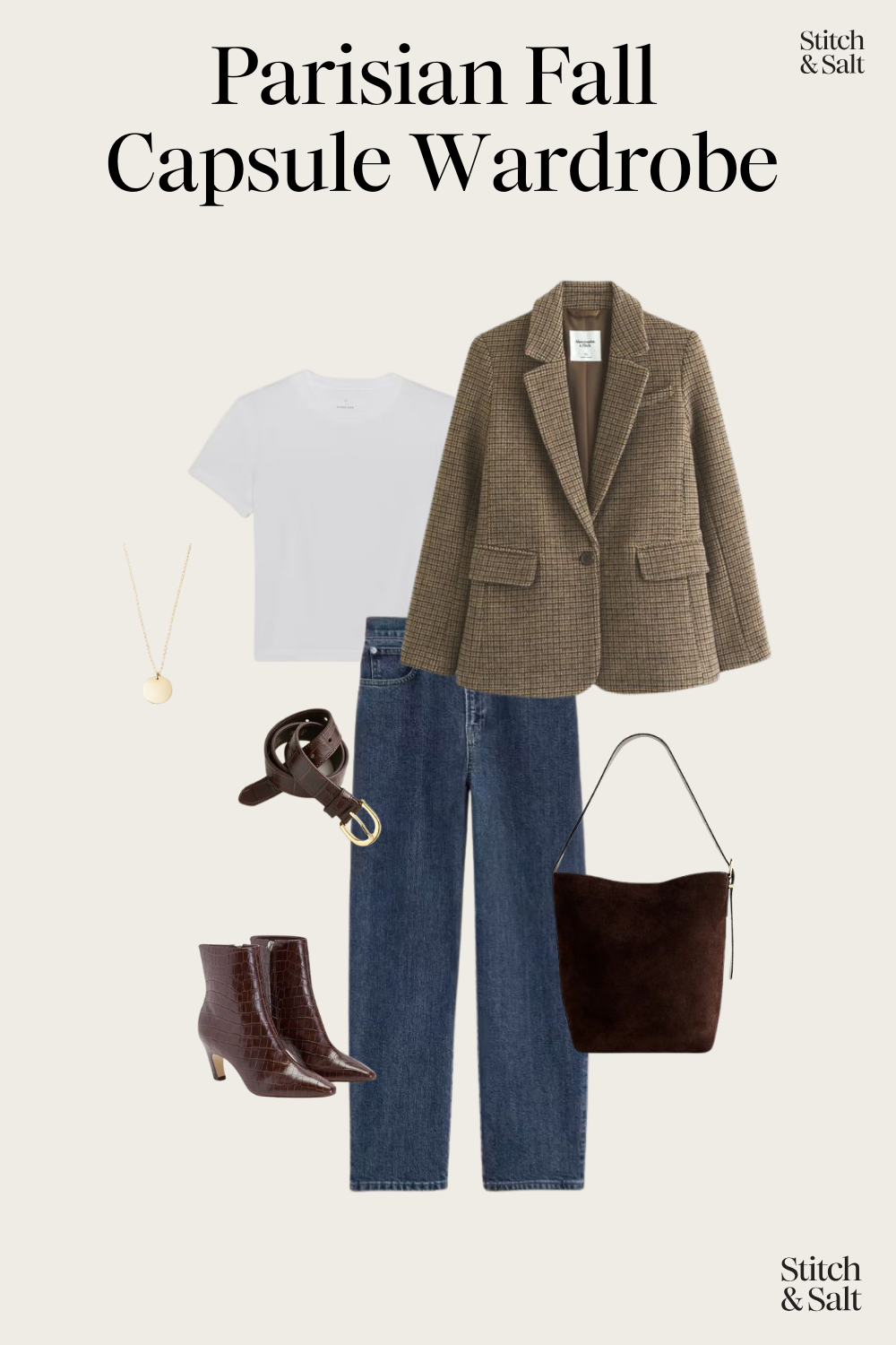 Parisian fall outfit idea with a white tee, herringbone blazer, straight leg jeans, an brown heeled ankle boots