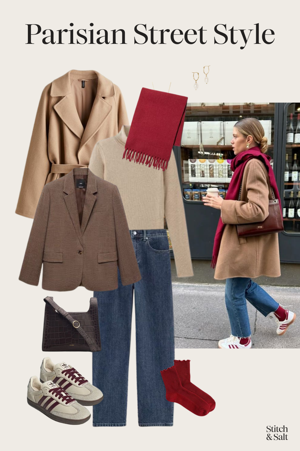 Parisian street style fall outfit with a camel coat, blazer, jeans, and Adidas Samba sneakers