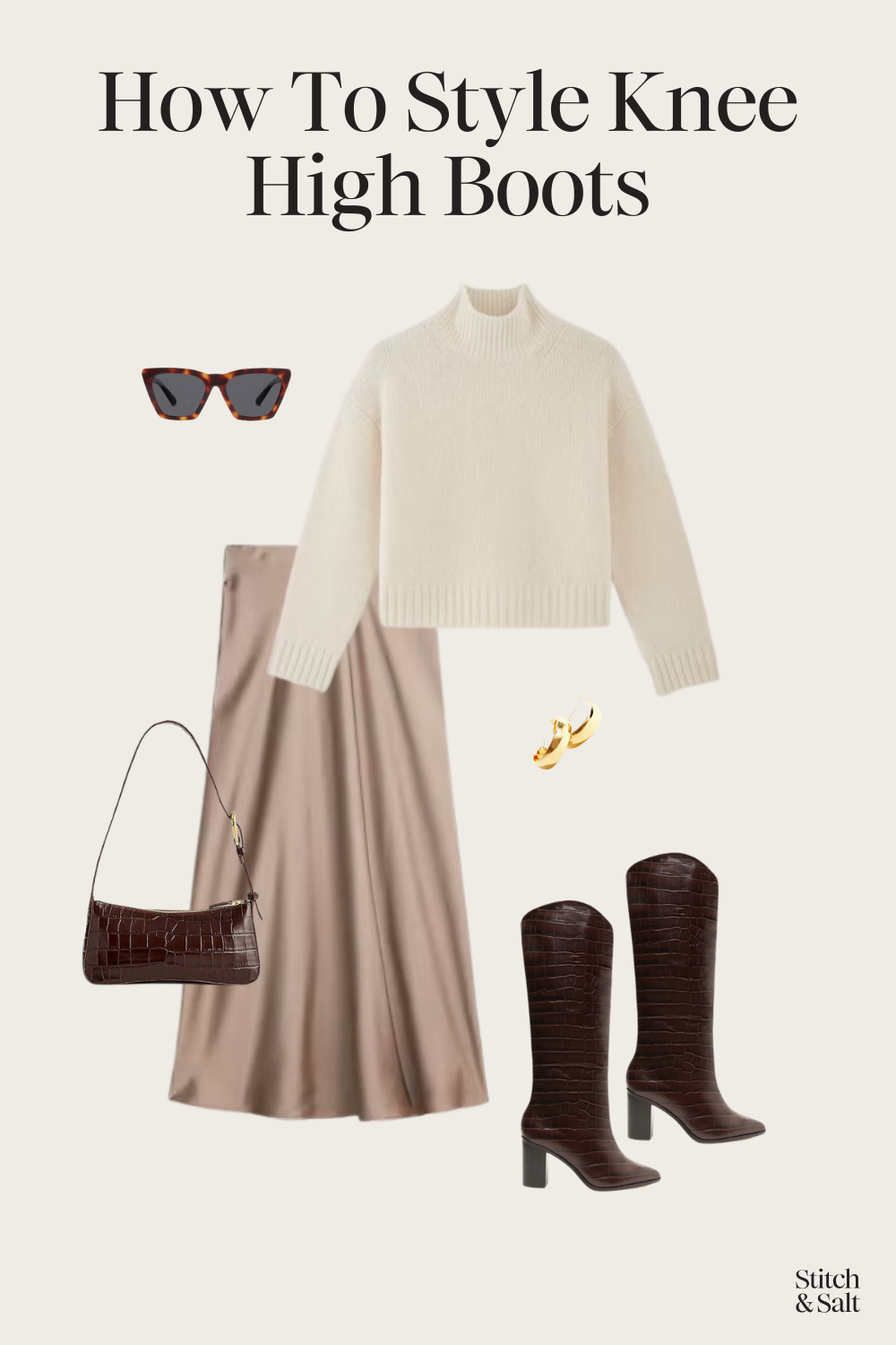 knee high boots outfit with a turtleneck sweater and slip skirt