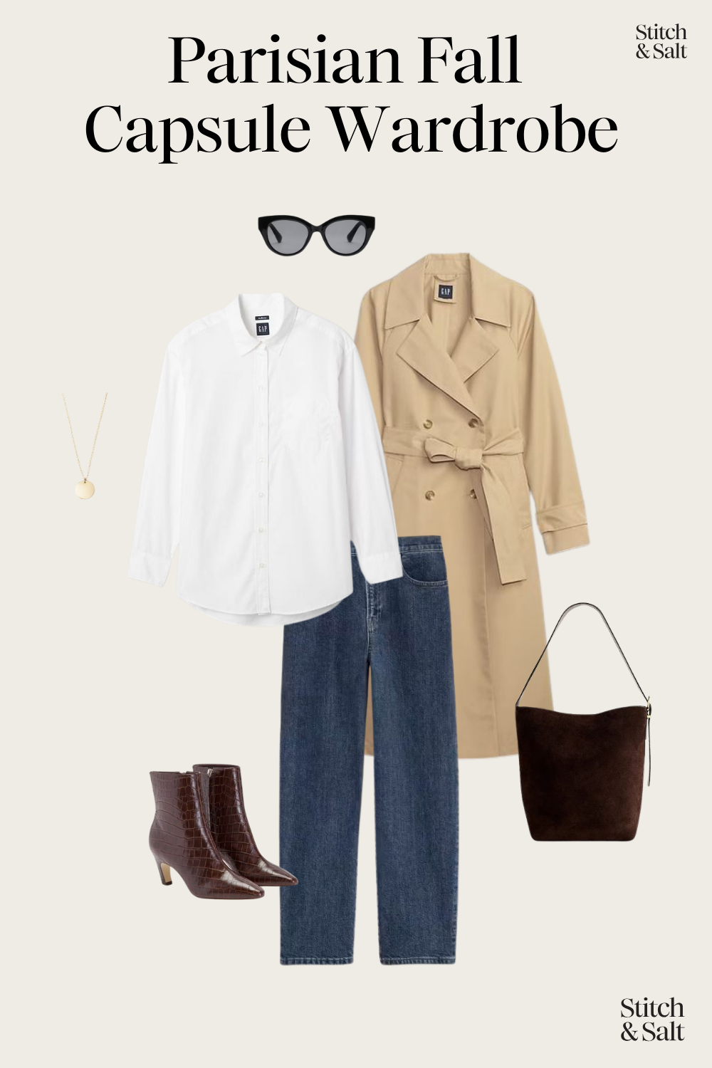 chic Parisian outfit with a white button down, trench coat, straight leg jeans, heeled ankle boots, and brown suede bucket bag