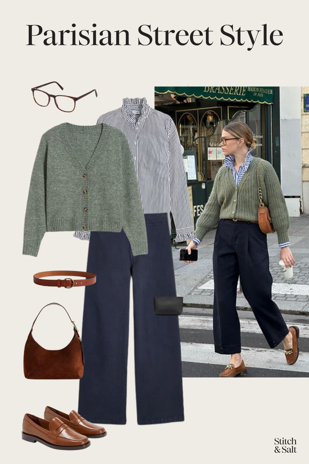Parisian fall outfit with a striped button down, green cardigan, navy pants, and brown loafers