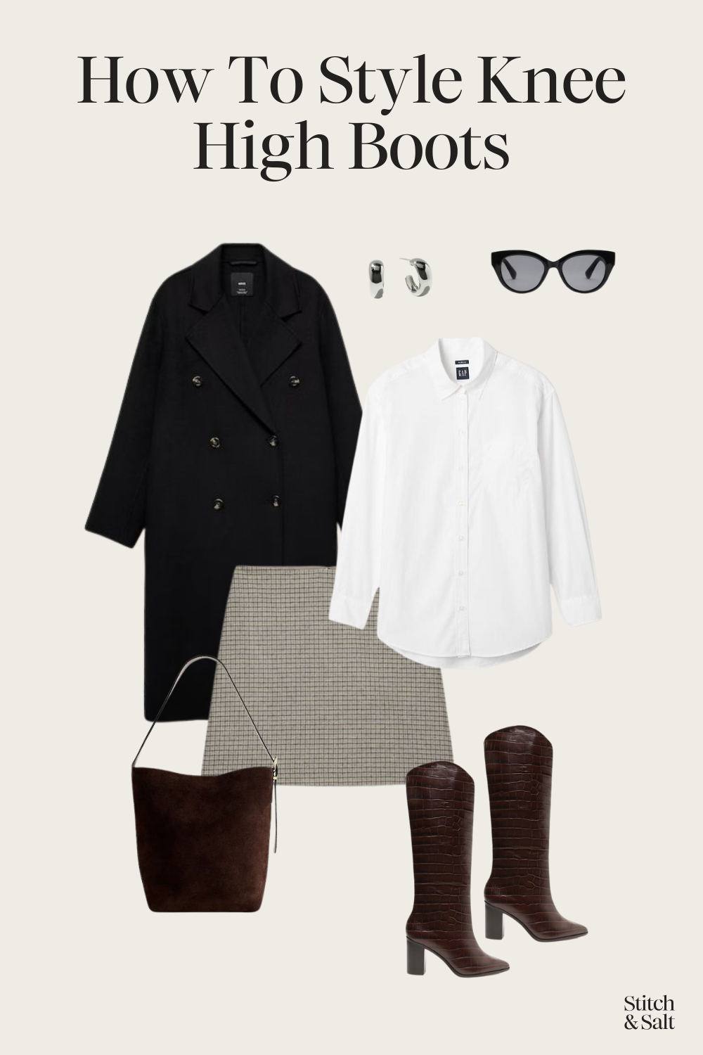 how to style knee high boots with a plaid skirt, white button down, black wool coat, and brown suede bucket bag