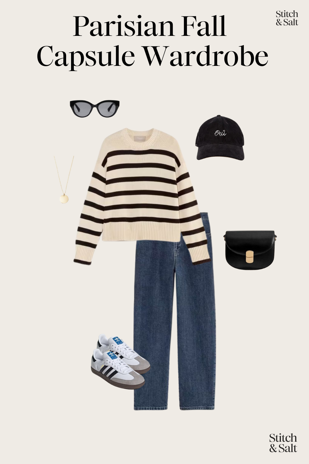 casual Parisian fall outfit with a striped sweater, straight leg jeans, Adidas Samba sneakers, black baseball cap, and cat eye sunglasses