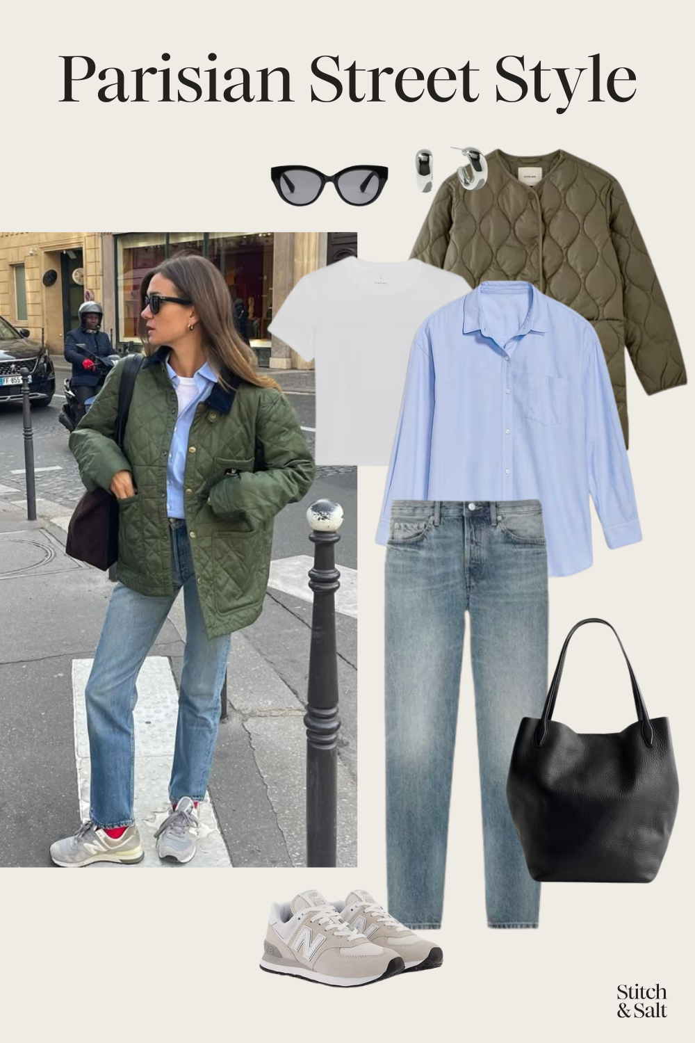 Parisian fall outfit with a blue button down, green quilted jacket, light wash jeans, and New Balance sneakers