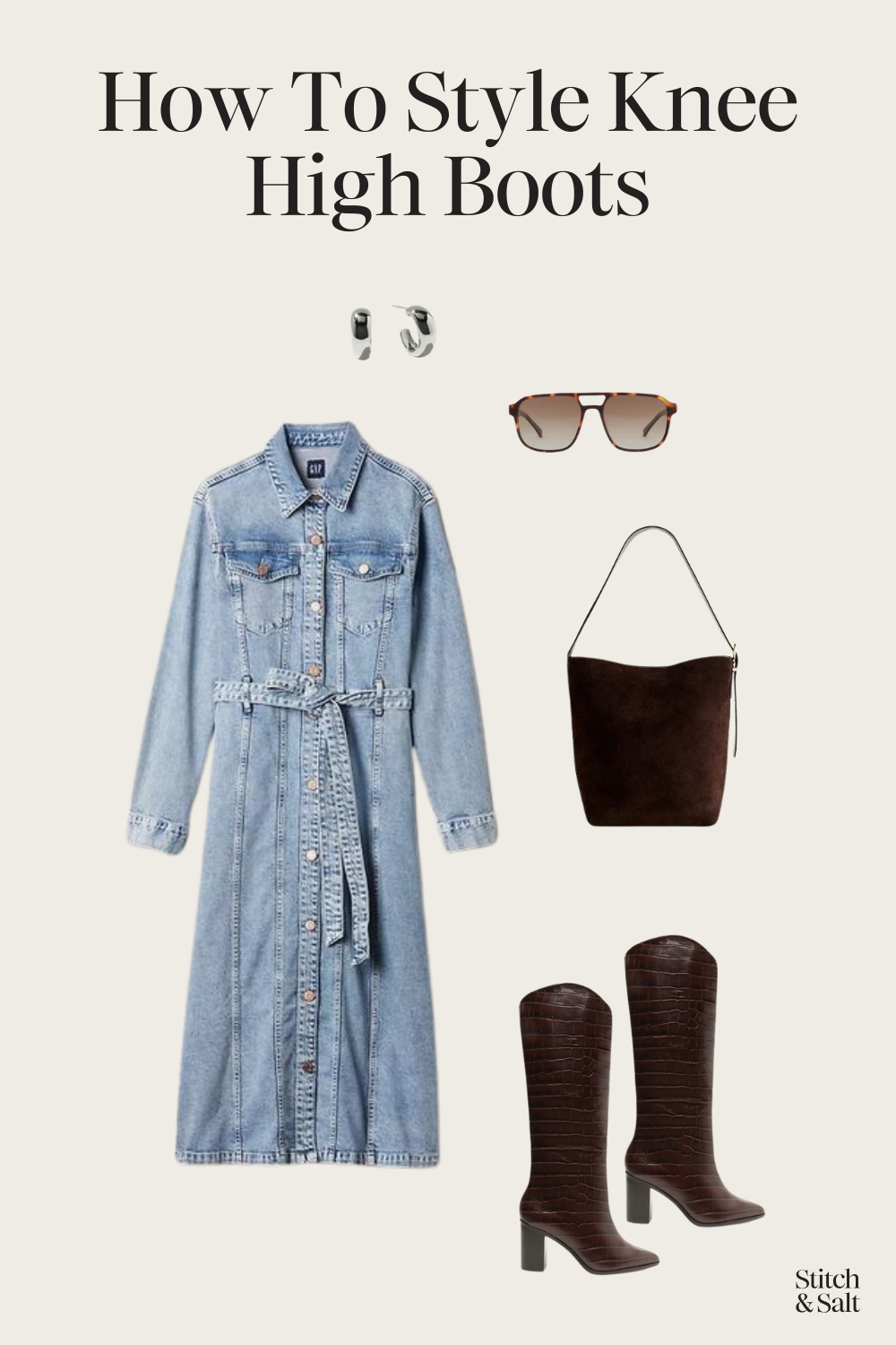 knee high boots outfit with a long denim dress, suede bucket bag, silver hoop earrings, and aviator sunglasses