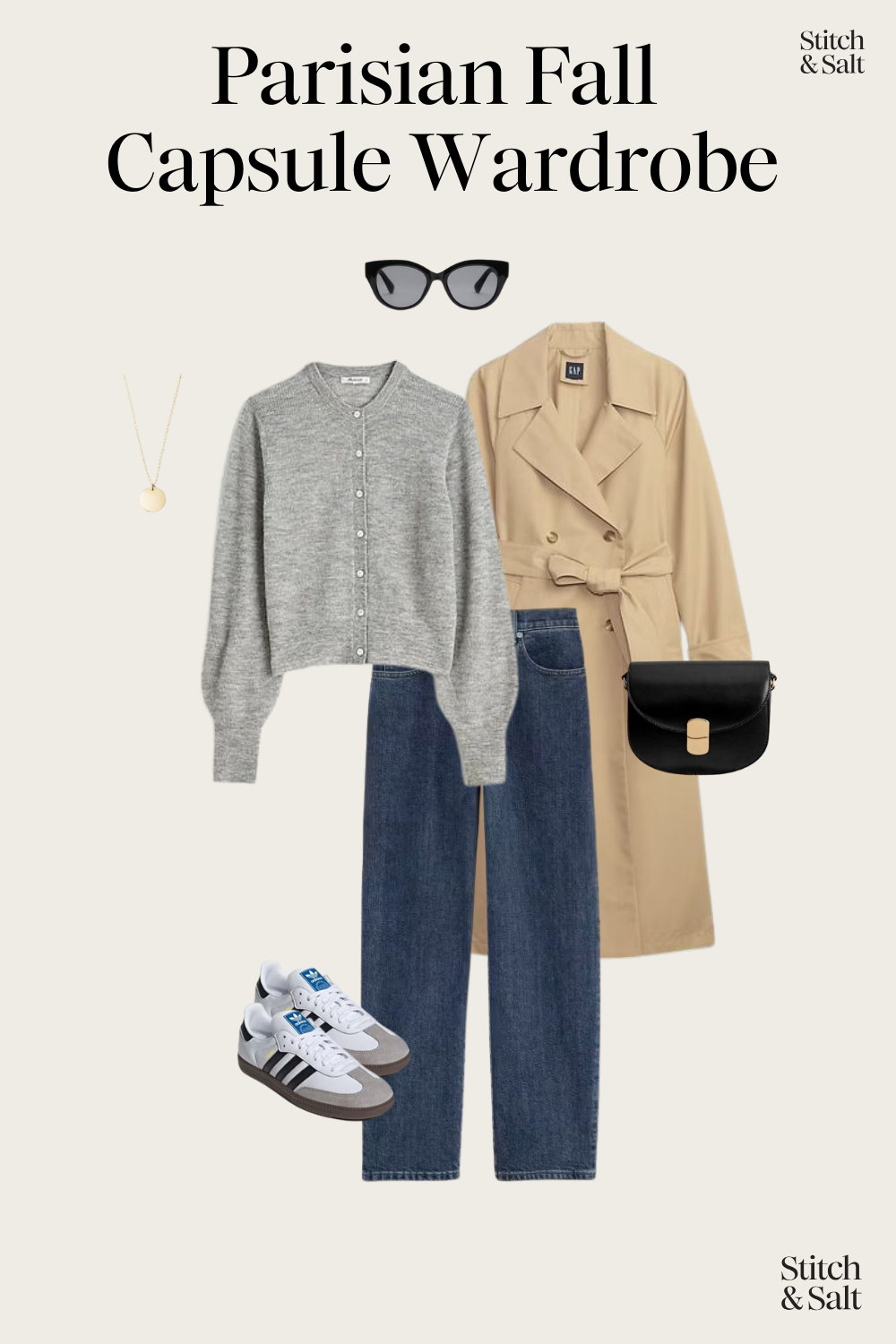 casual chic Parisian outfit with a gray button front cardigan sweater, tan trench coat, straight leg jeans, and Adidas Samba sneakers
