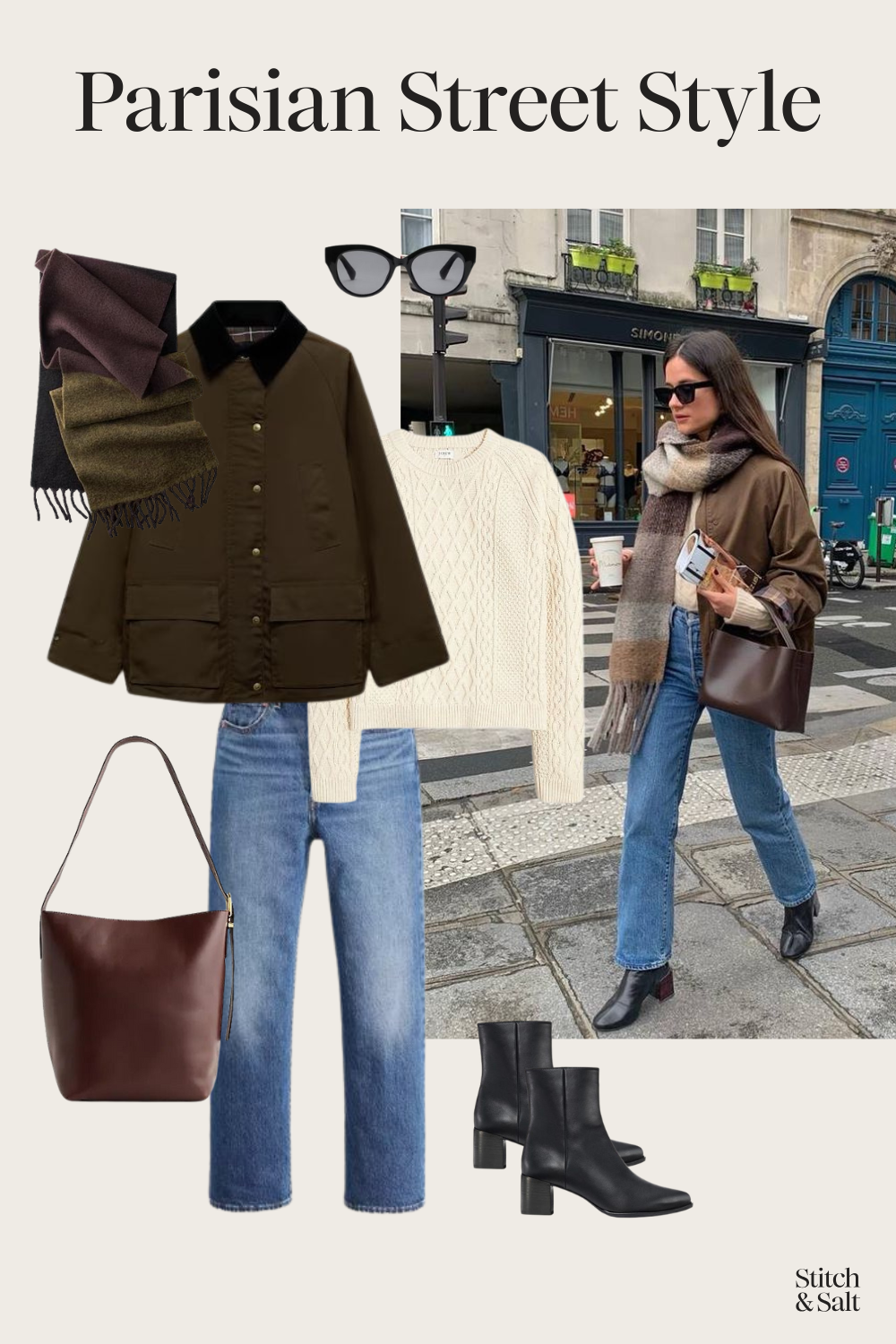 Parisian street style fall outfits with a cable knit cream sweater, green parka, jeans, and black heeled ankle boots