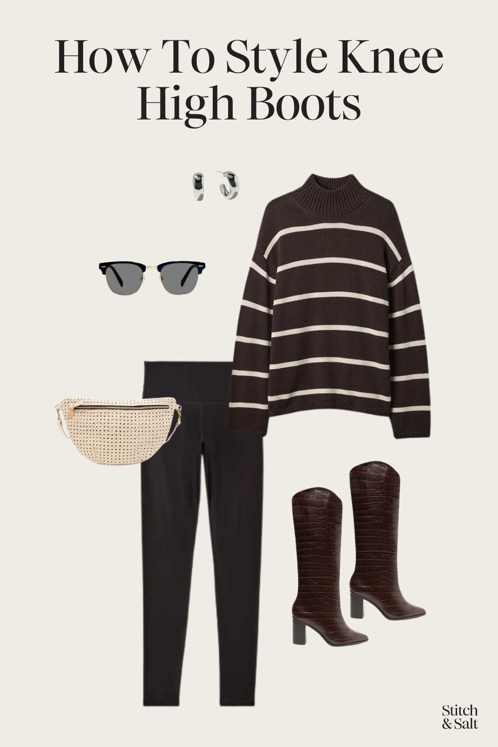 knee high boots outfit with leggings, a brown and white striped oversized sweater, cream colored sling bag, and sunglasses