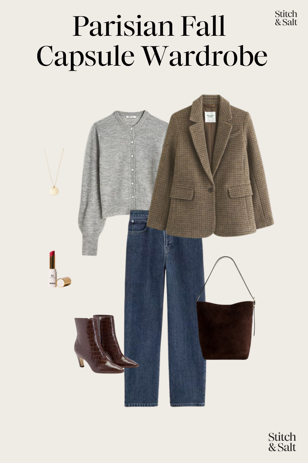 casual chic fall outfit with a gray cardigan sweater, herringbone blazer, straight leg jeans, brown heeled ankle boots, red lipstick, and a brown suede bucket bag