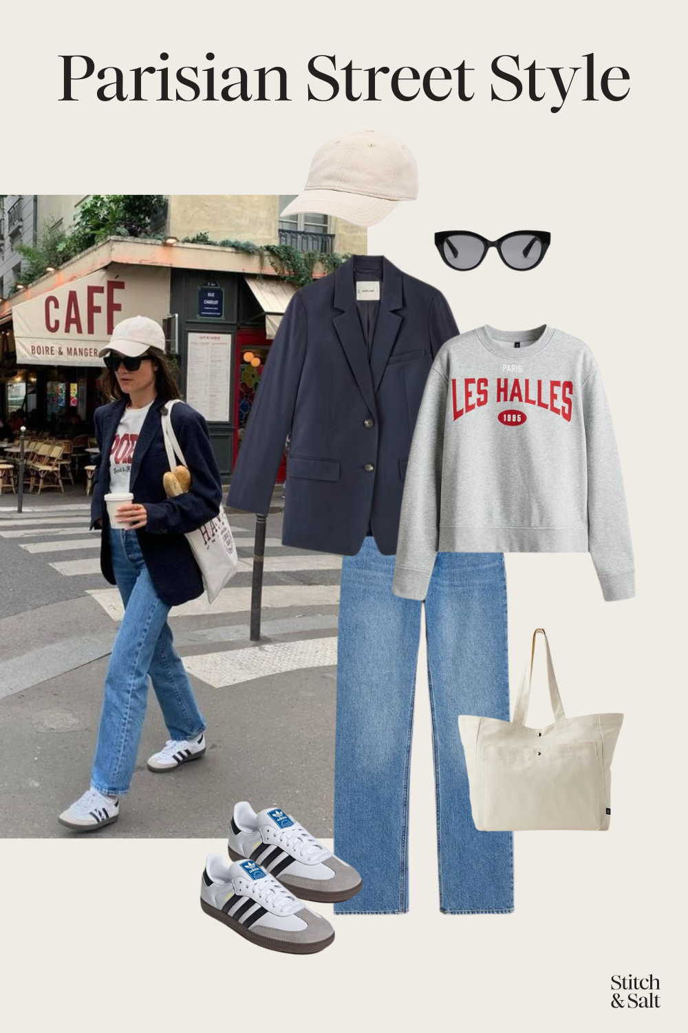 Parisian fall outfit with a graphic sweatshirt, navy blazer, jeans, and Adidas Samba sneakers