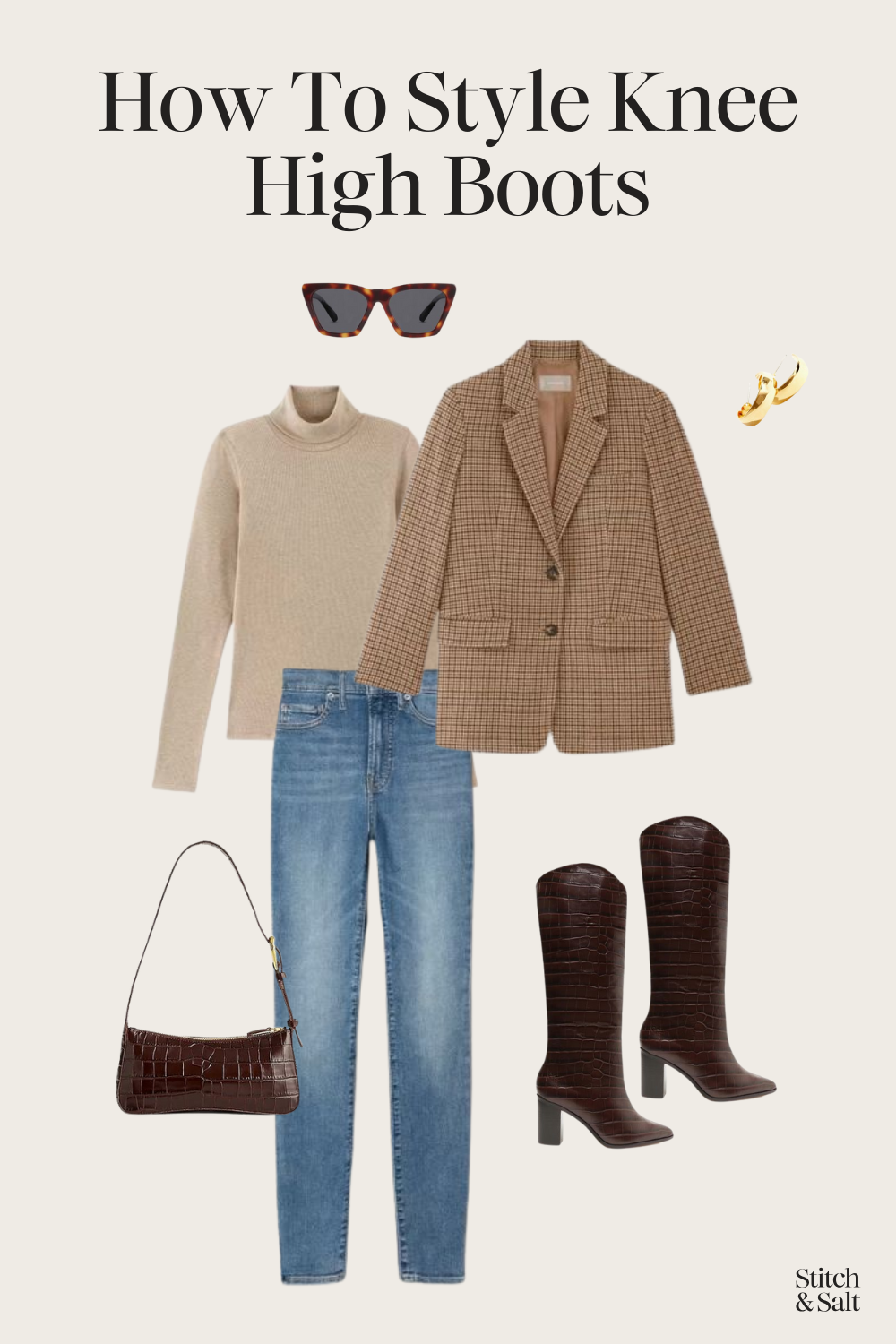 how to style knee high boots with a turtleneck, wool blazer, skinny jeans, and a baguette bag