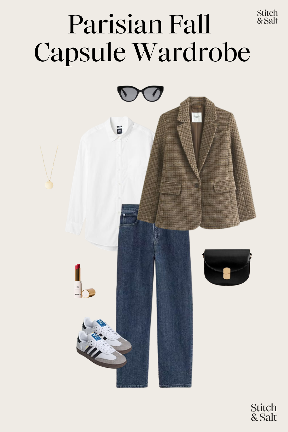 casual chic fall outfit with a white button down, herringbone blazer, straight leg jeans, and white Adidas Samba sneakers