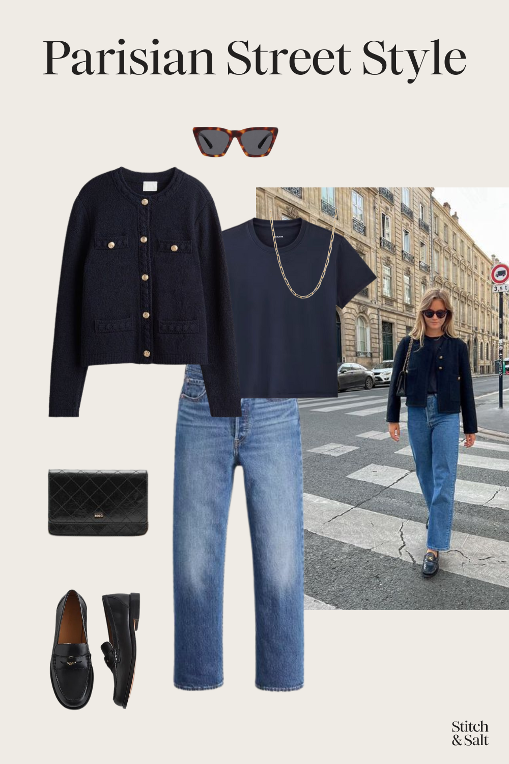 Parisian street style fall outfit with a navy tee, navy lady jacket, medium wash jeans, black loafers, and a black shoulder bag