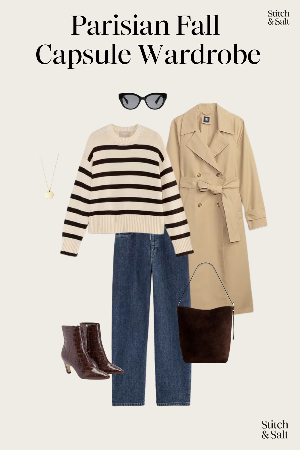 Parisian fall outfit idea with a striped sweater, trench coat, straight leg jeans, brown heeled ankle boots, and a brown suede bucket bag