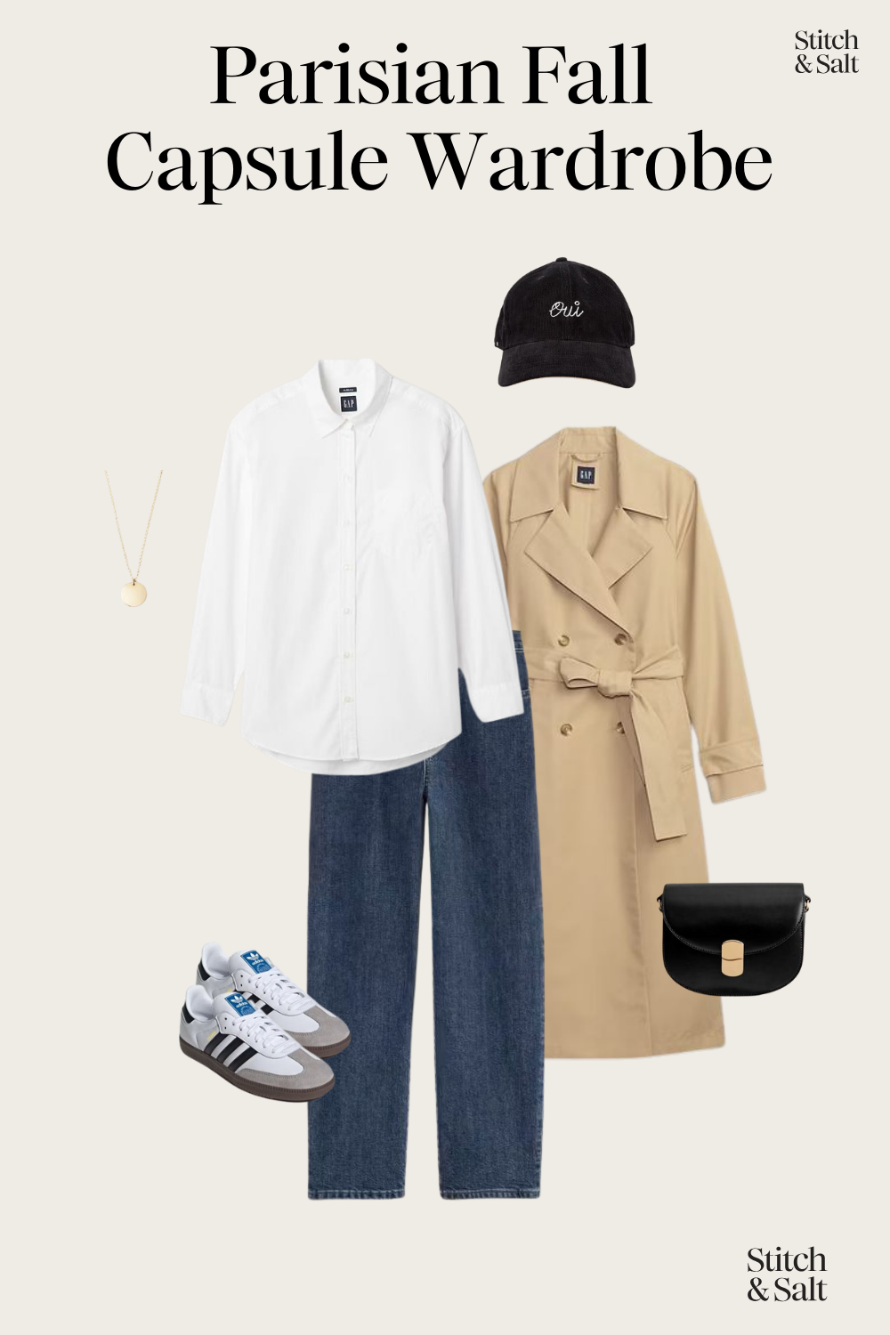 Parisian outfit idea with a white button down, trench coat, straight leg jeans, white Adidas Samba sneakers, black baseball cap, and a black crossbody bag